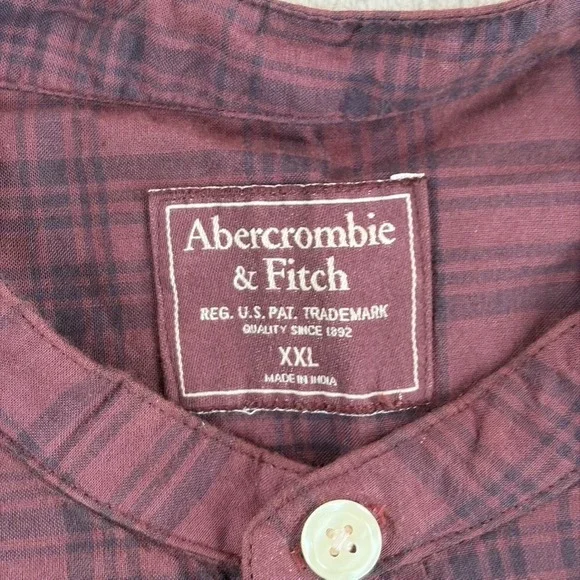 Abercrombie & Fitch Blade Mandarin Collar Shirt in Burgundy Plaid Men 2XL Preppy - Picture 2 of 7